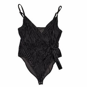 Forever 21 Black Velvet Striped One Shoulder Bodysuit Large Y2K